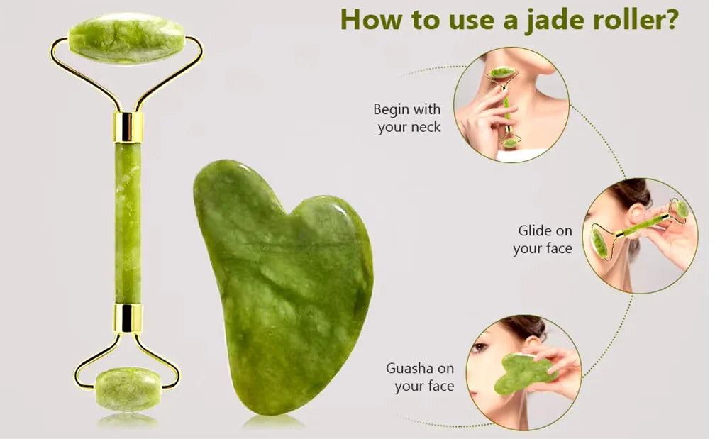 Jade Roller & Gua Sha Set – 100% Natural Stone Facial Tools for Massage, Glow & Skin Tightening