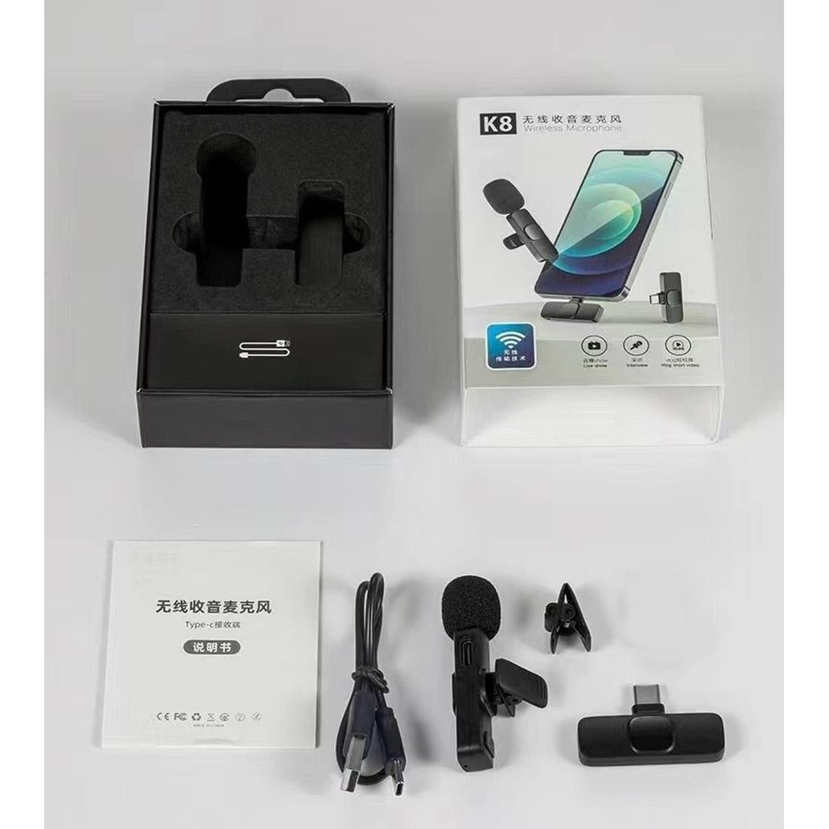 K8 Wireless Mic – Single/Double | Type-C, iOS, Android, USB, AUX 3.5mm Compatible