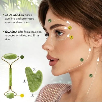 Jade Roller & Gua Sha Set – 100% Natural Stone Facial Tools for Massage, Glow & Skin Tightening